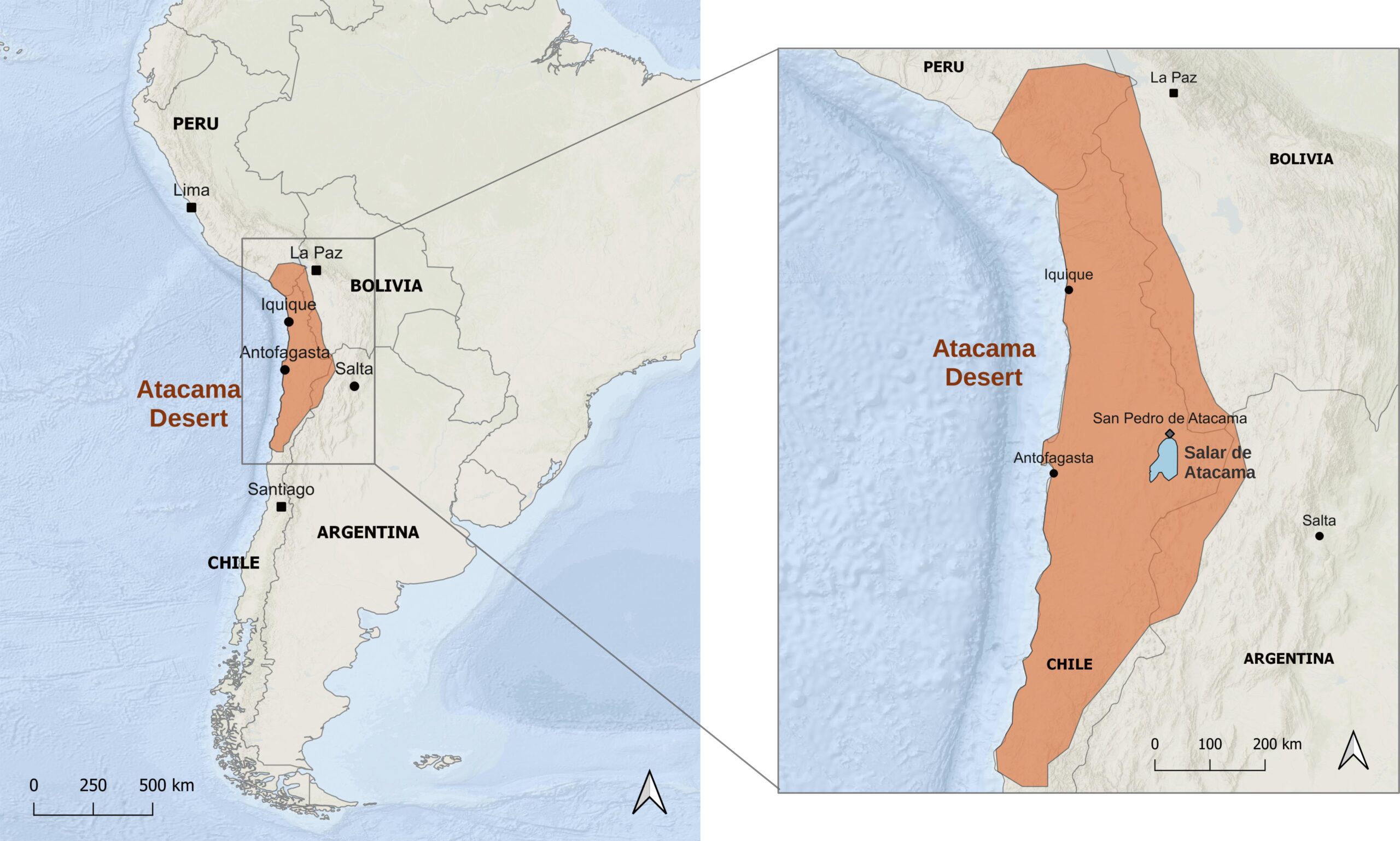 Mappa del Sud America con la posizione del deserto di Atacama nel Cile settentrionale e dettaglio dell’area di San Pedro de Atacama e del Salar de Atacama.