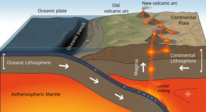 Modello semplificato della migrazione di un arco vulcanico causata dalla variazione dell’inclinazione della placca oceanica in subduzione.
