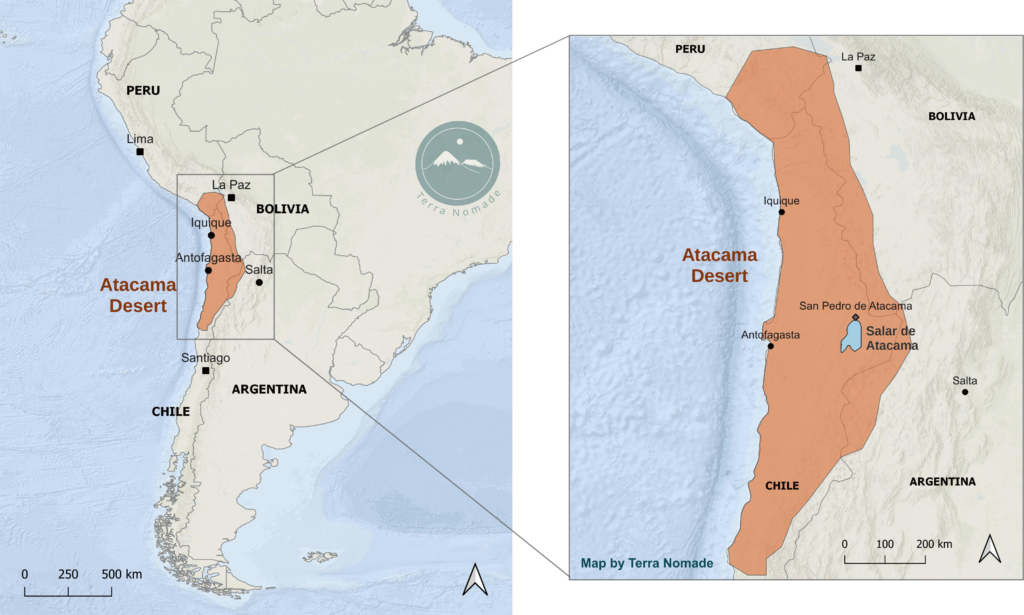 Mappa con la posizione del deserto e del salar de atacama