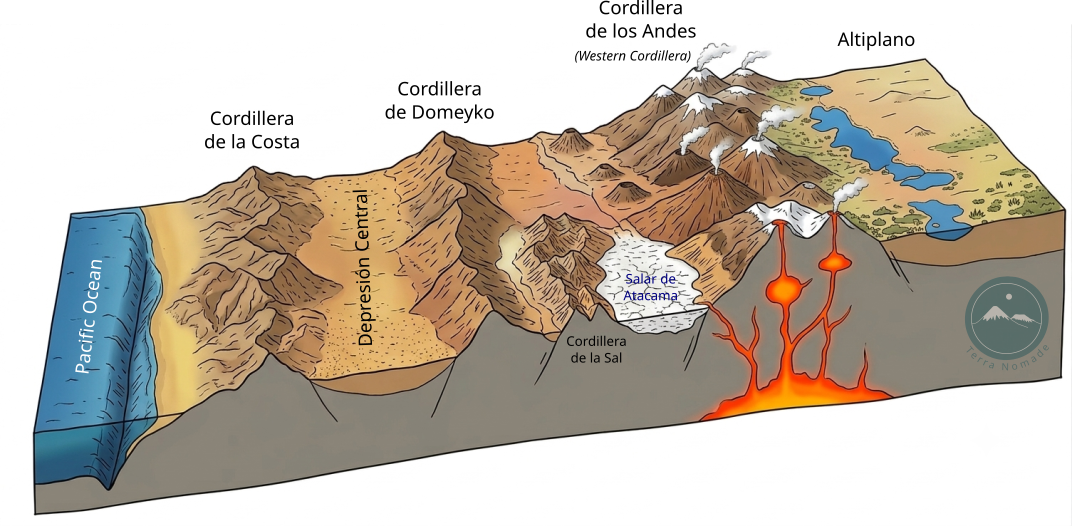 Sezione trasversale del deserto di Atacama nell’area di San Pedro de Atacama con le principali unità fisiografiche e il bacino del Salar de Atacama delimitato dalle catene montuose circostanti.