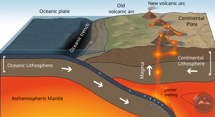 Modello semplificato della migrazione di un arco vulcanico causata dalla variazione dell’inclinazione della placca oceanica in subduzione.