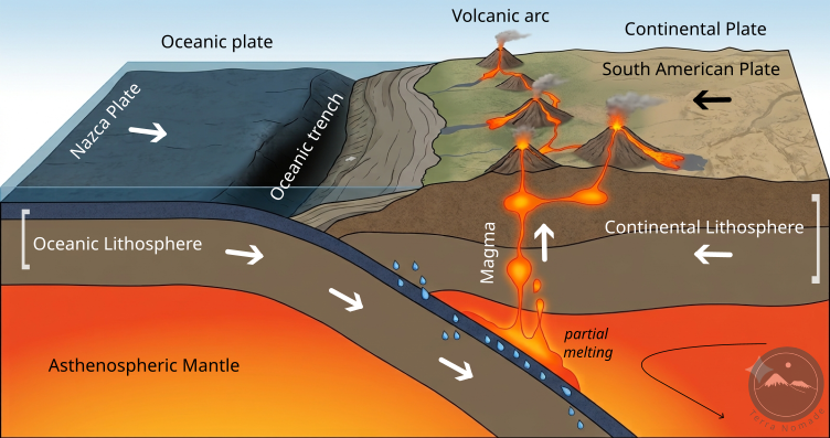 Modello semplificato della subduzione della placca oceanica di Nazca sotto la placca Sudamericana con formazione di magma e arco vulcanico.